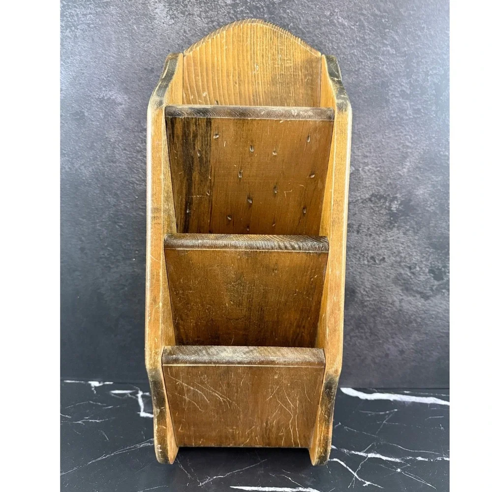 Vintage Rustic Solid Oak Wood 3 Tier Wall Mounted Letter Holder 18in Tall